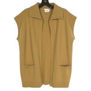 Vtg COLLECTIF Open-Front RIBBED TRIM Pockets Light Brown Knit Sweater Cardigan L